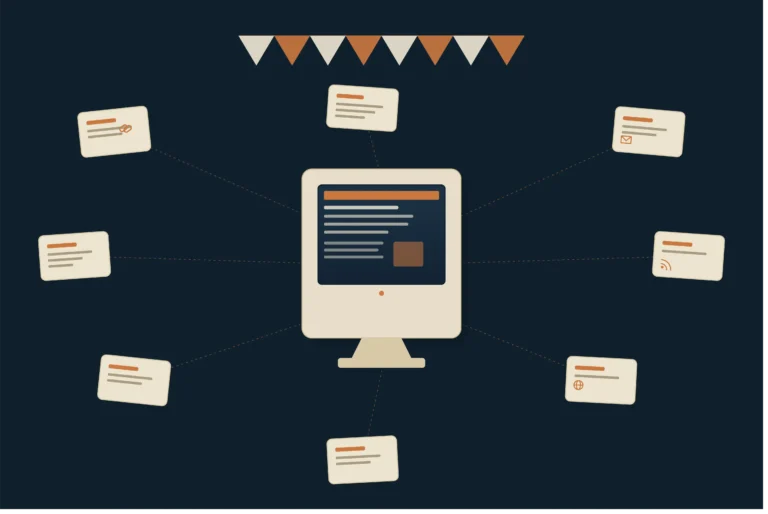 Minimal illustration of a blog carnival showing a vintage computer connected to multiple blog posts representing collaborative blogging and link sharing.