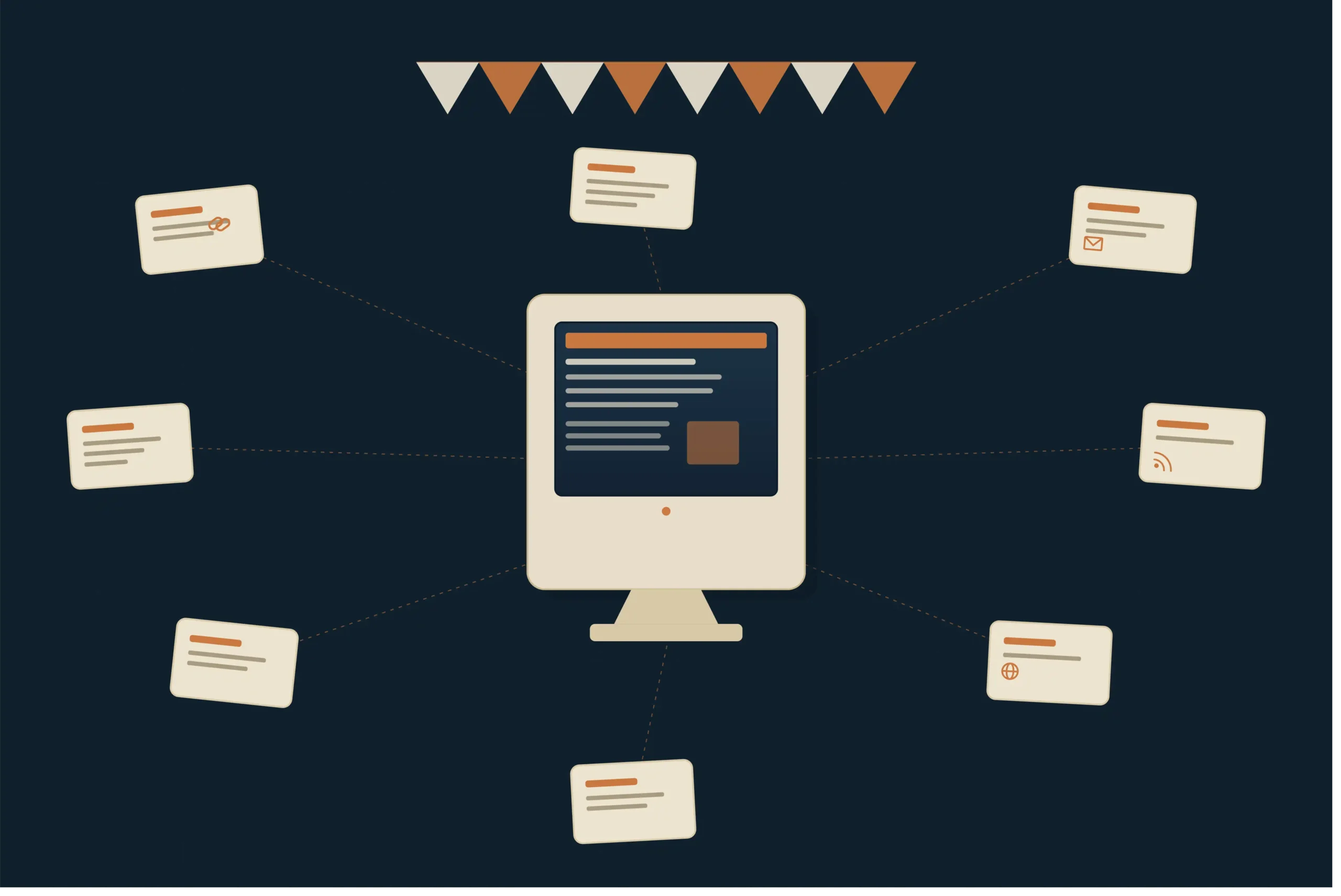 What Is a Blog Carnival? How Websites Shared Content Around One Topic 1What Is a Blog Carnival? How Websites Shared Content Around One Topic interactive website example Minimal illustration of a blog carnival showing a vintage computer connected to multiple blog posts representing collaborative blogging and link sharing.
