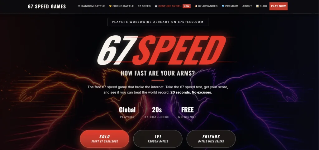 67 Speed website using webcam-based movement tracking for an interactive speed challenge.