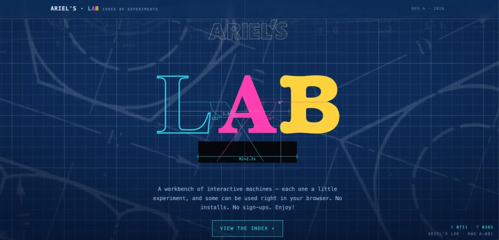 Ariel's Lab website featuring creative coding experiments and interactive browser projects. screenshot of lab