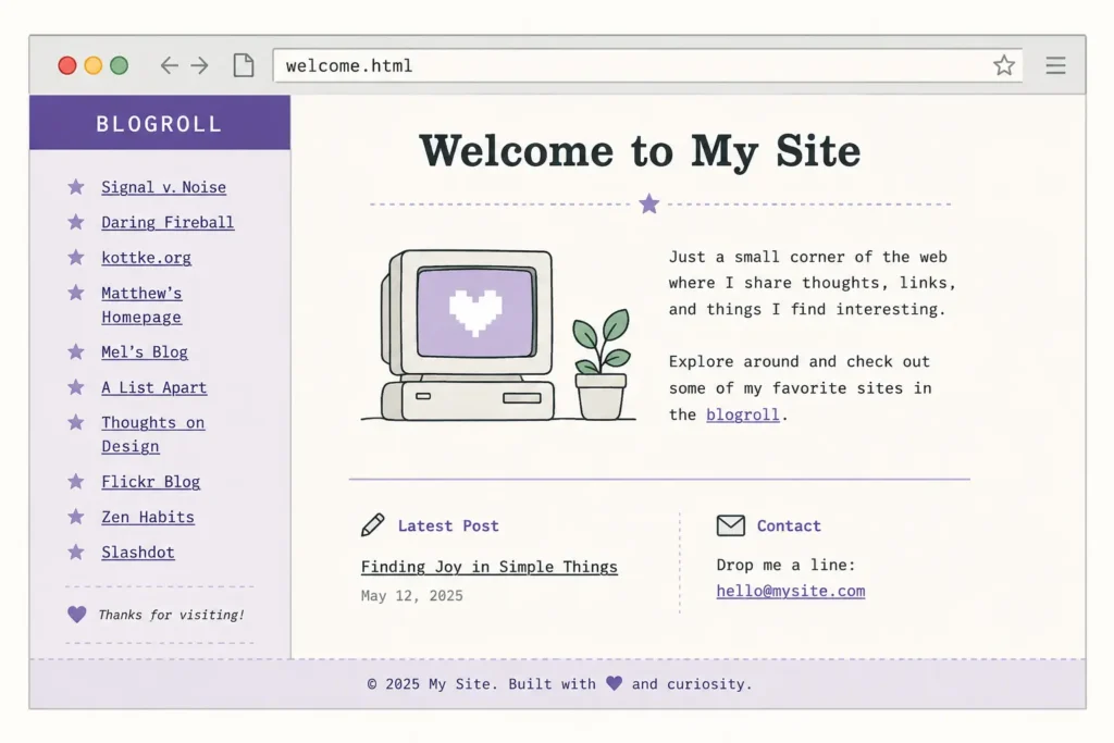Minimal illustration of a retro personal website with a blogroll sidebar linking to recommended blogs