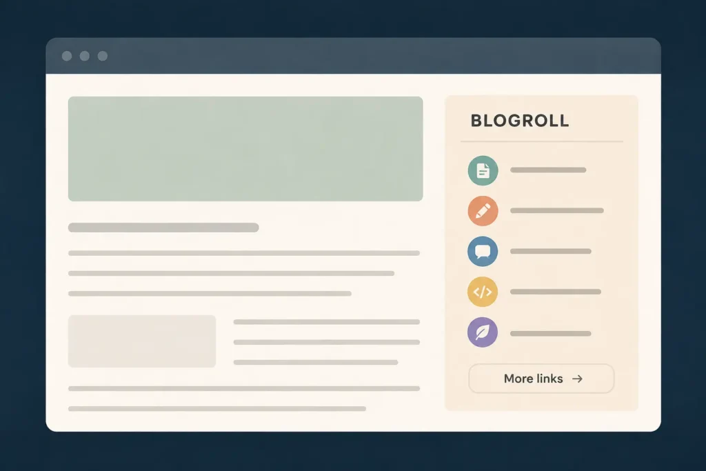 Minimal illustration of a Blogroll showing a sidebar with recommended blog links on a personal website