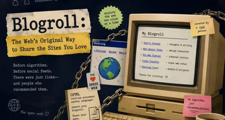 Blogroll illustration showing a retro computer with a curated list of websites, representing how blogrolls helped people discover blogs before social media. what is blogrolls