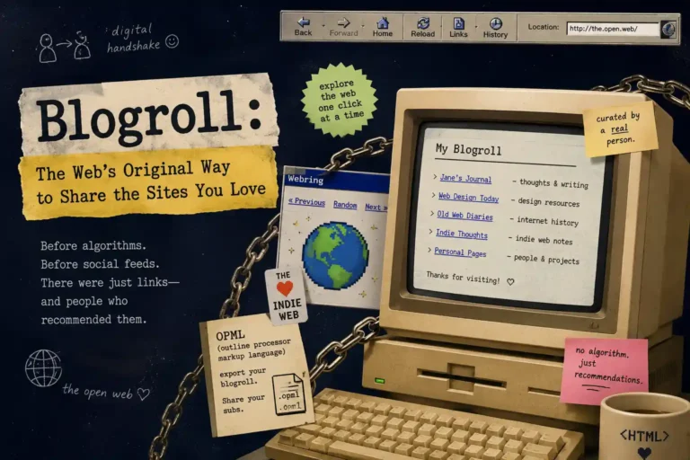 Blogroll illustration showing a retro computer with a curated list of websites, representing how blogrolls helped people discover blogs before social media. what is blogrolls