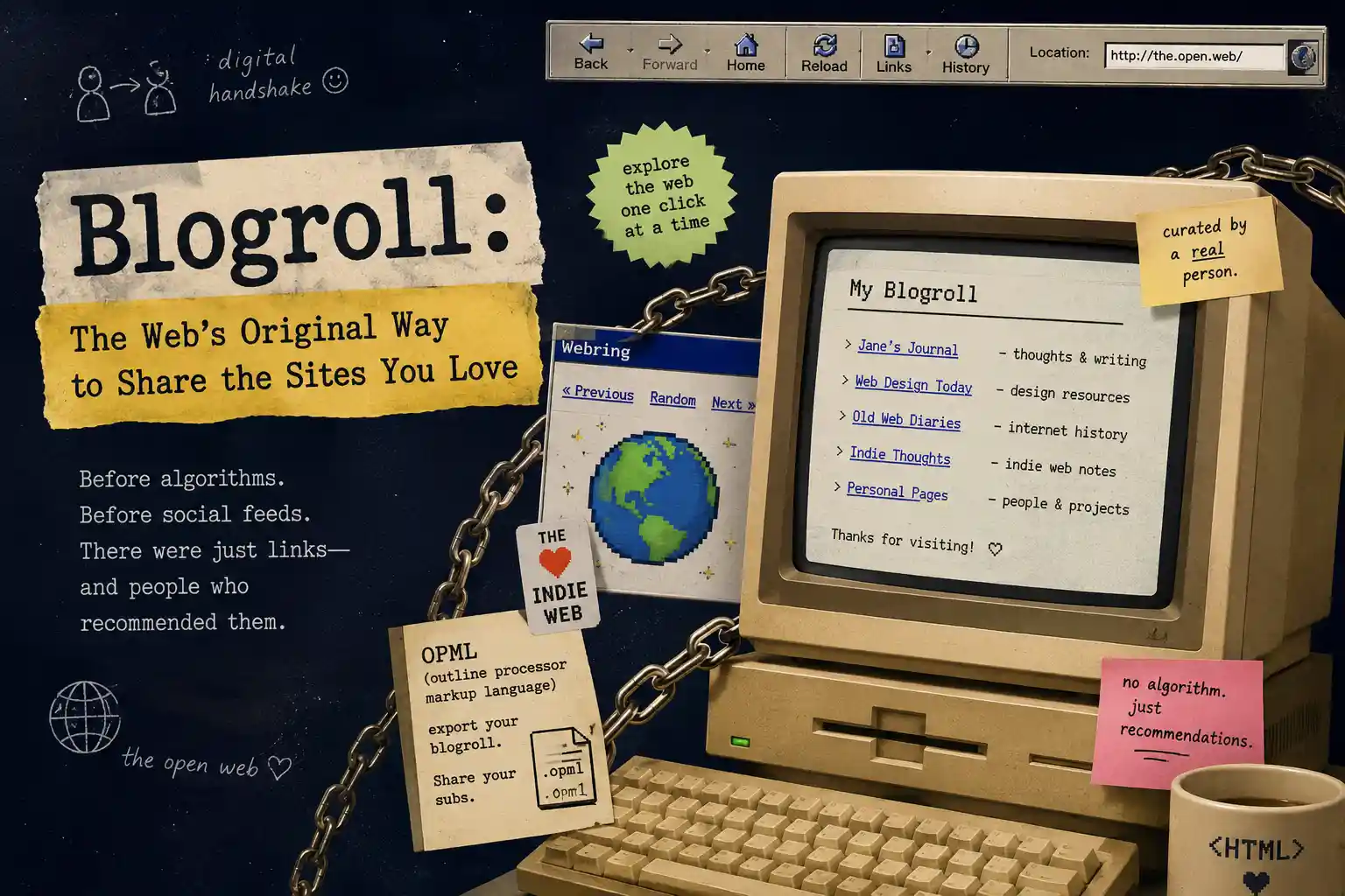 Blogroll illustration showing a retro computer with a curated list of websites, representing how blogrolls helped people discover blogs before social media. what is blogrolls