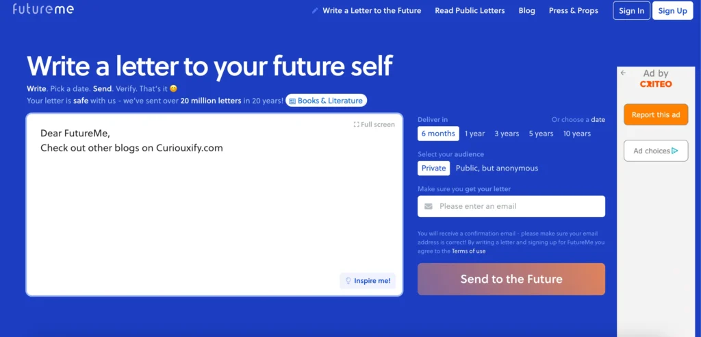 FutureMe website for writing letters to your future self and scheduling them for later delivery.
