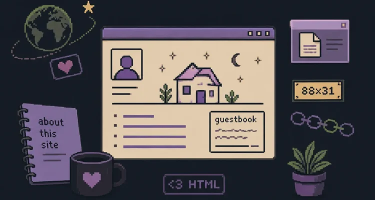 Minimal illustration of the Handmade Web with a hand-coded personal website, guestbook, and retro web elements