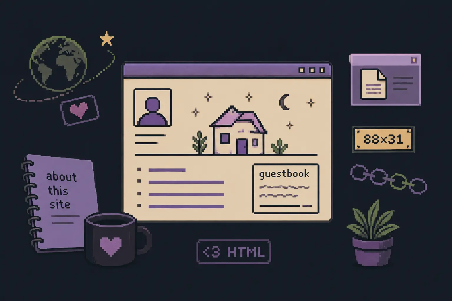 Minimal illustration of the Handmade Web with a hand-coded personal website, guestbook, and retro web elements