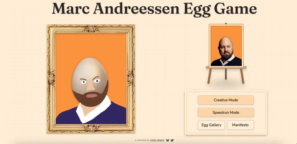 Marc Andreessen Egg Game showing an interactive browser game for drawing faces on eggs.