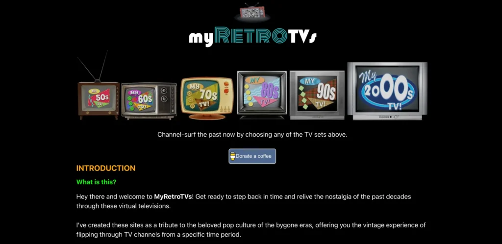 MyRetroTVs website showing virtual retro television screens from different decades.