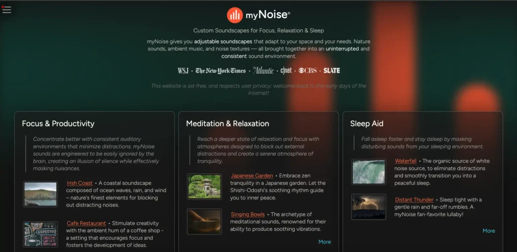 myNoise website offering customizable ambient soundscapes with adjustable background sounds.