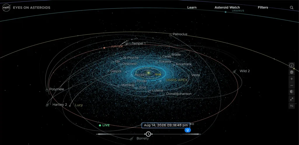 NASA Eyes interactive 3D visualization of the solar system, planets, asteroids, and spacecraft