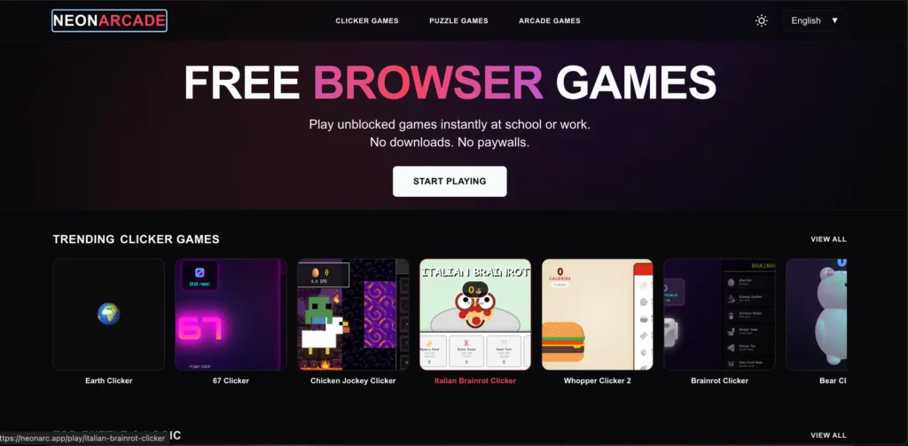 Neon Arcade website featuring browser games that can be played directly online.