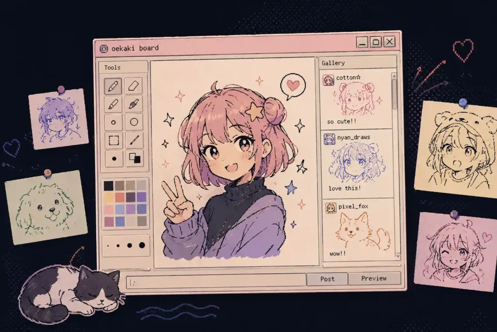 oekaki boards showing a retro browser drawing canvas and shared art gallery
