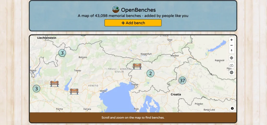 OpenBenches interactive map showing memorial benches and their locations around the world.