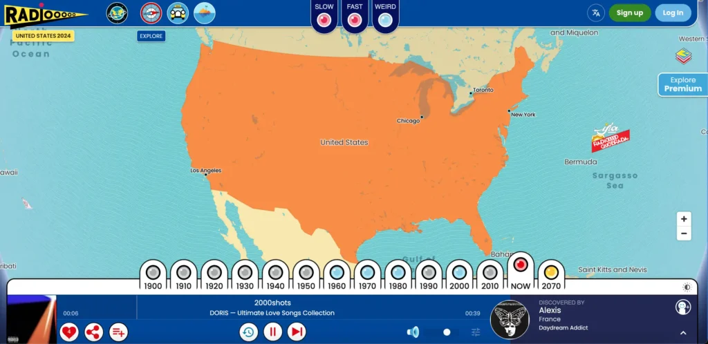 Radiooooo interactive music map for exploring songs by country and decade.