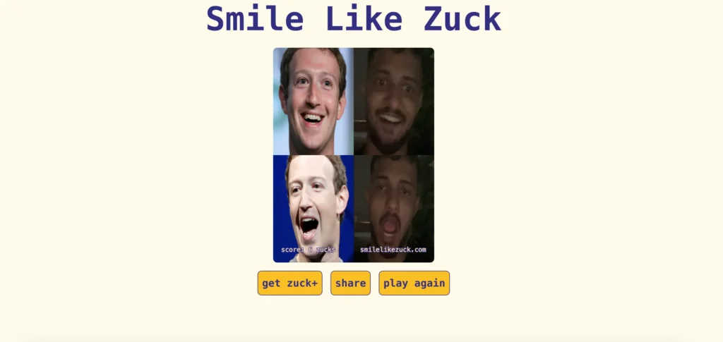 Smile Like mark Zuckerberg website featuring an interactive webcam-based facial expression experiment