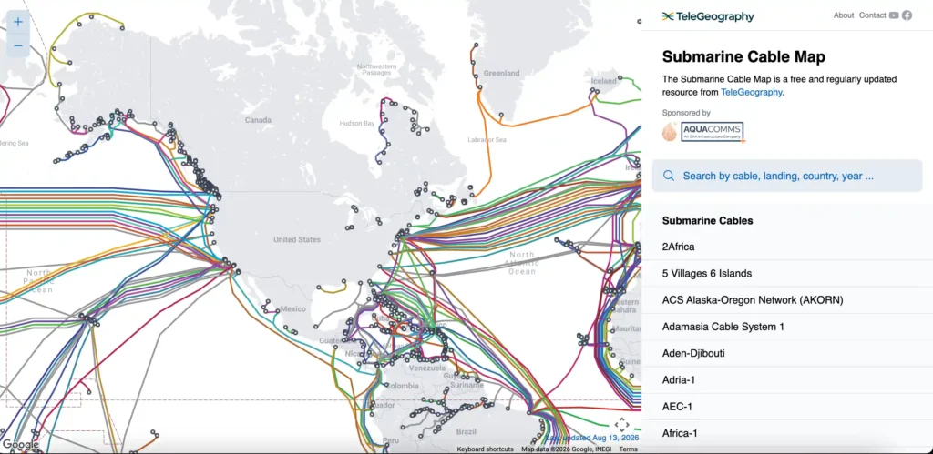 Submarine Cable Map showing the undersea cables connecting countries and continents.