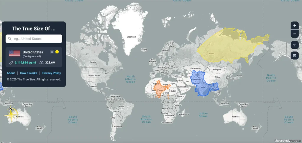 The True Size Of interactive map comparing the actual sizes of countries around the world.