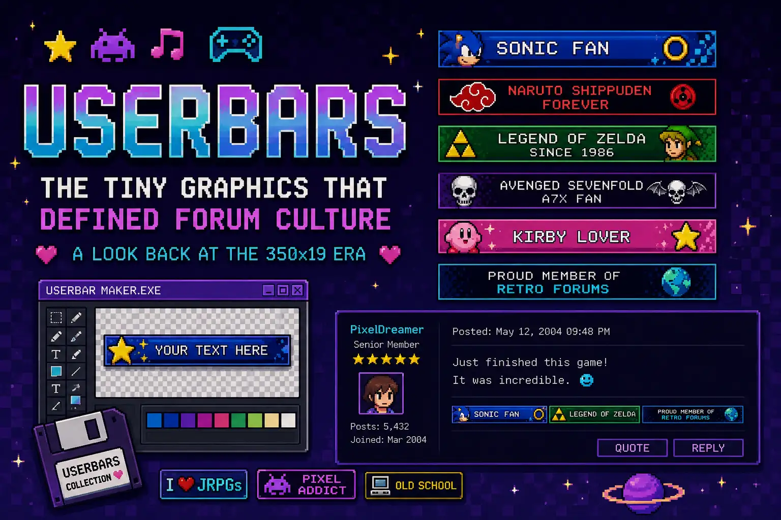 userbars showing retro forum signatures and early 2000s online culture and what is userbars?