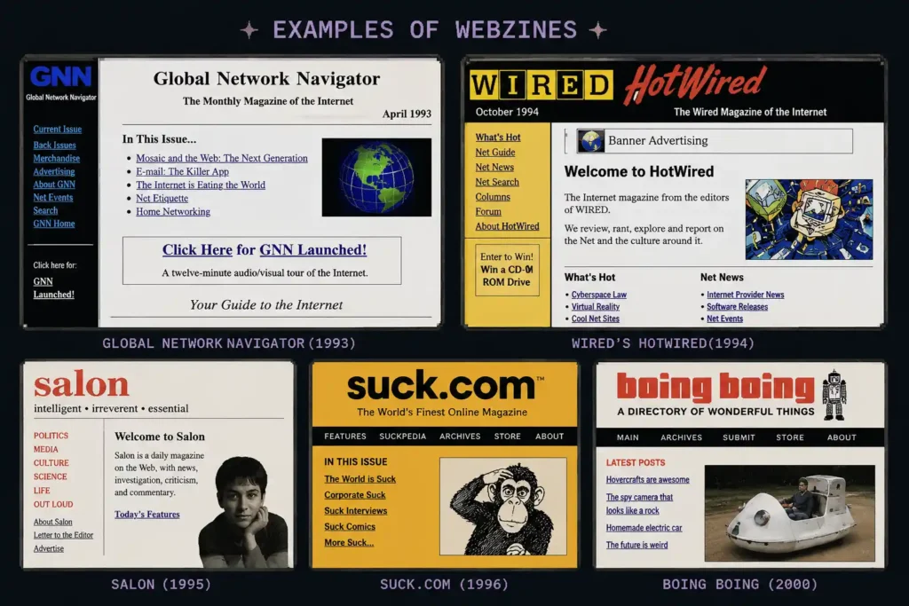 Examples of Webzines showing early online magazine websites from the 1990s suck.com examples, hotwired.