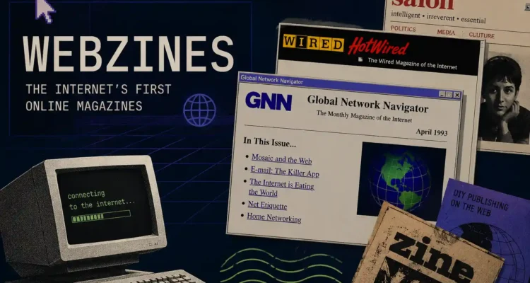 Retro illustration of Webzines featuring early online magazine websites and DIY web publishing webzine explained