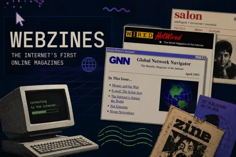 Retro illustration of Webzines featuring early online magazine websites and DIY web publishing webzine explained