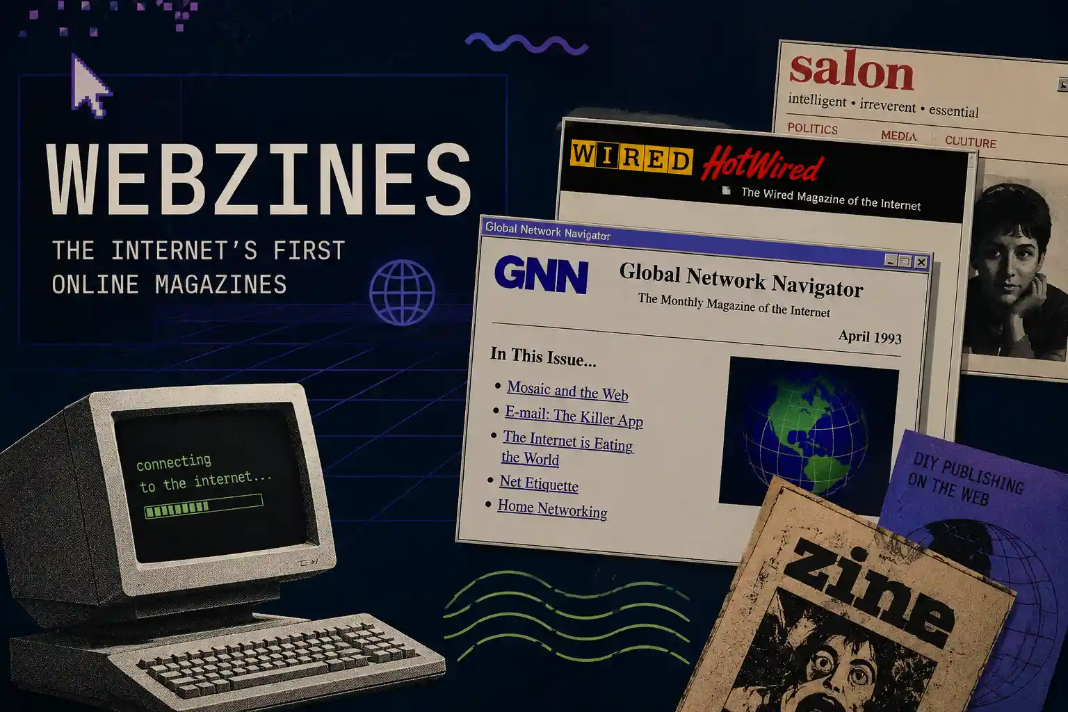 Retro illustration of Webzines featuring early online magazine websites and DIY web publishing webzine explained