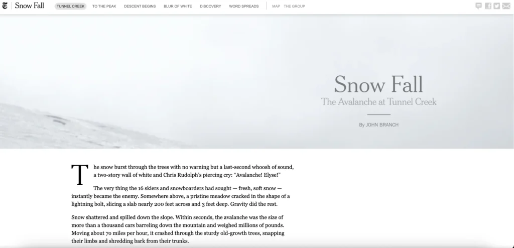 Snow Fall interactive story showing a snowy mountain landscape example websites